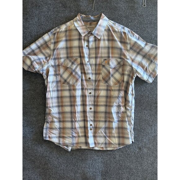 Carhartt Mens Plaid Short Sleeve Button-Up Shirt 2XL Relaxed Fit Beige & Blue - Picture 1 of 11